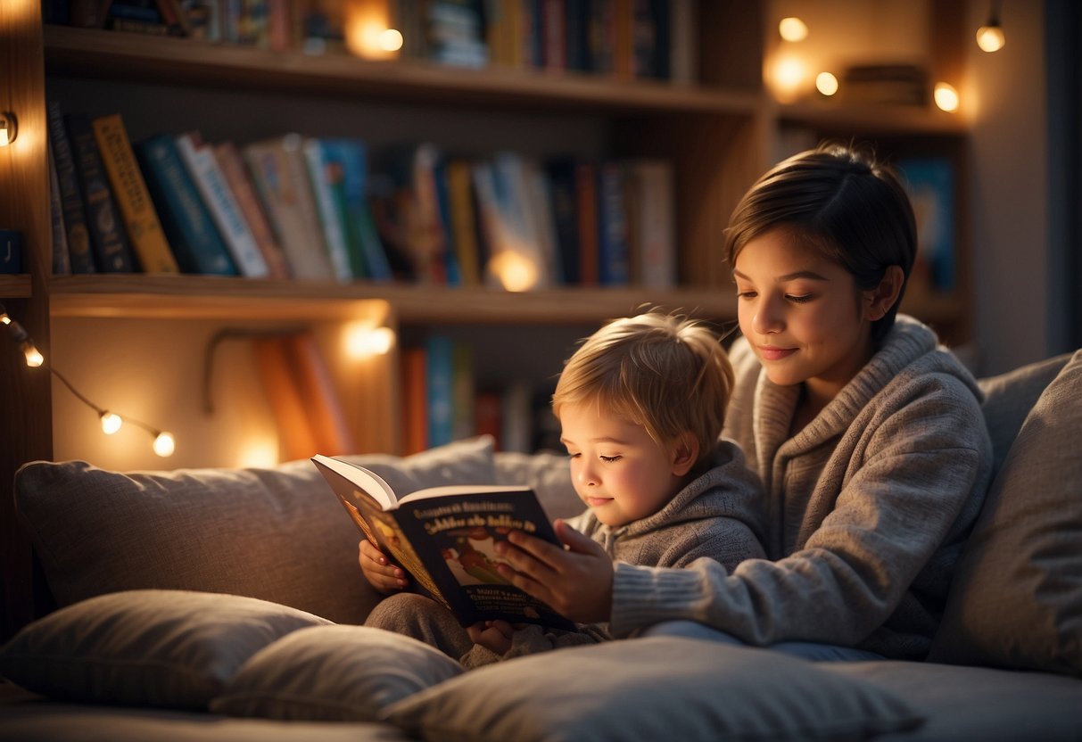 A cozy reading nook with a child's bookshelf, soft pillows, and warm lighting. A parent sits nearby, pointing to words in a storybook