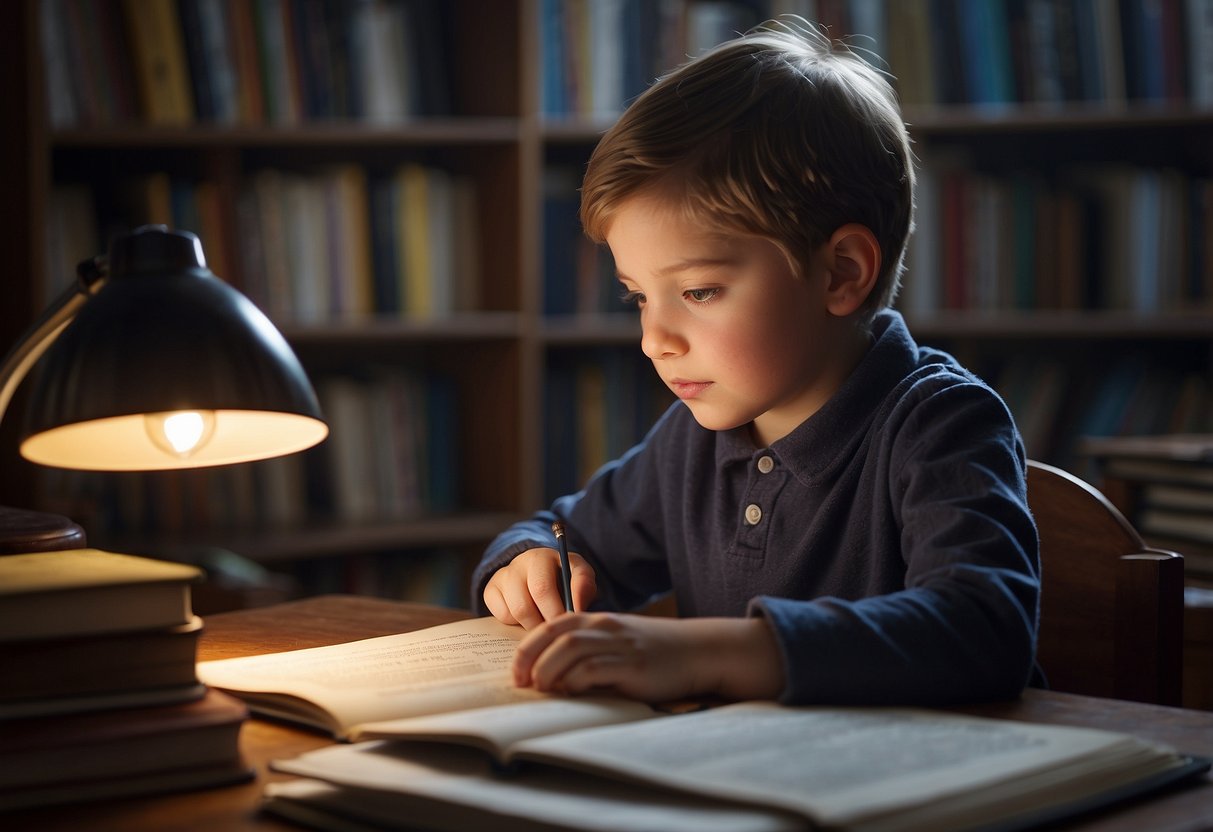 A child sitting at a desk, surrounded by books and a reading lamp. A finger tracing words on a page, while the child looks focused and engaged