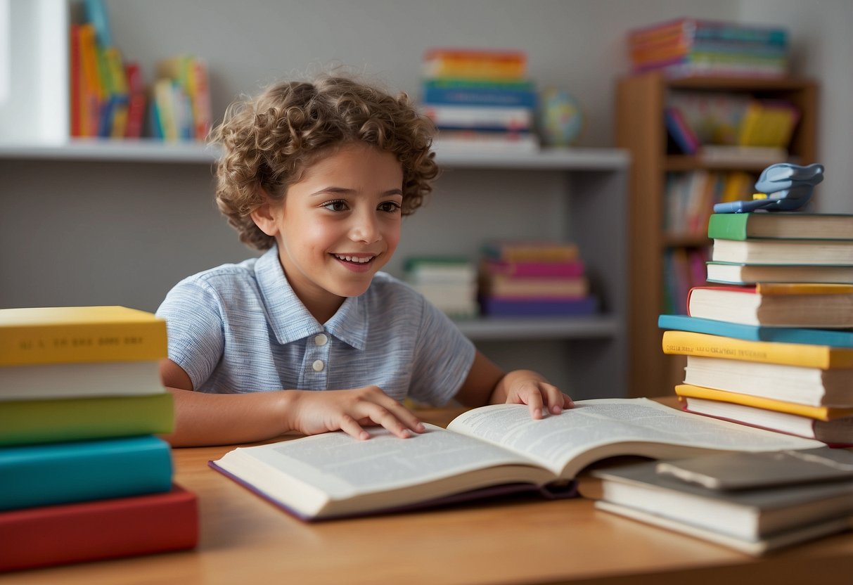 A child sits at a desk, surrounded by books and educational materials. A patient adult gestures towards a book, encouraging the child to read