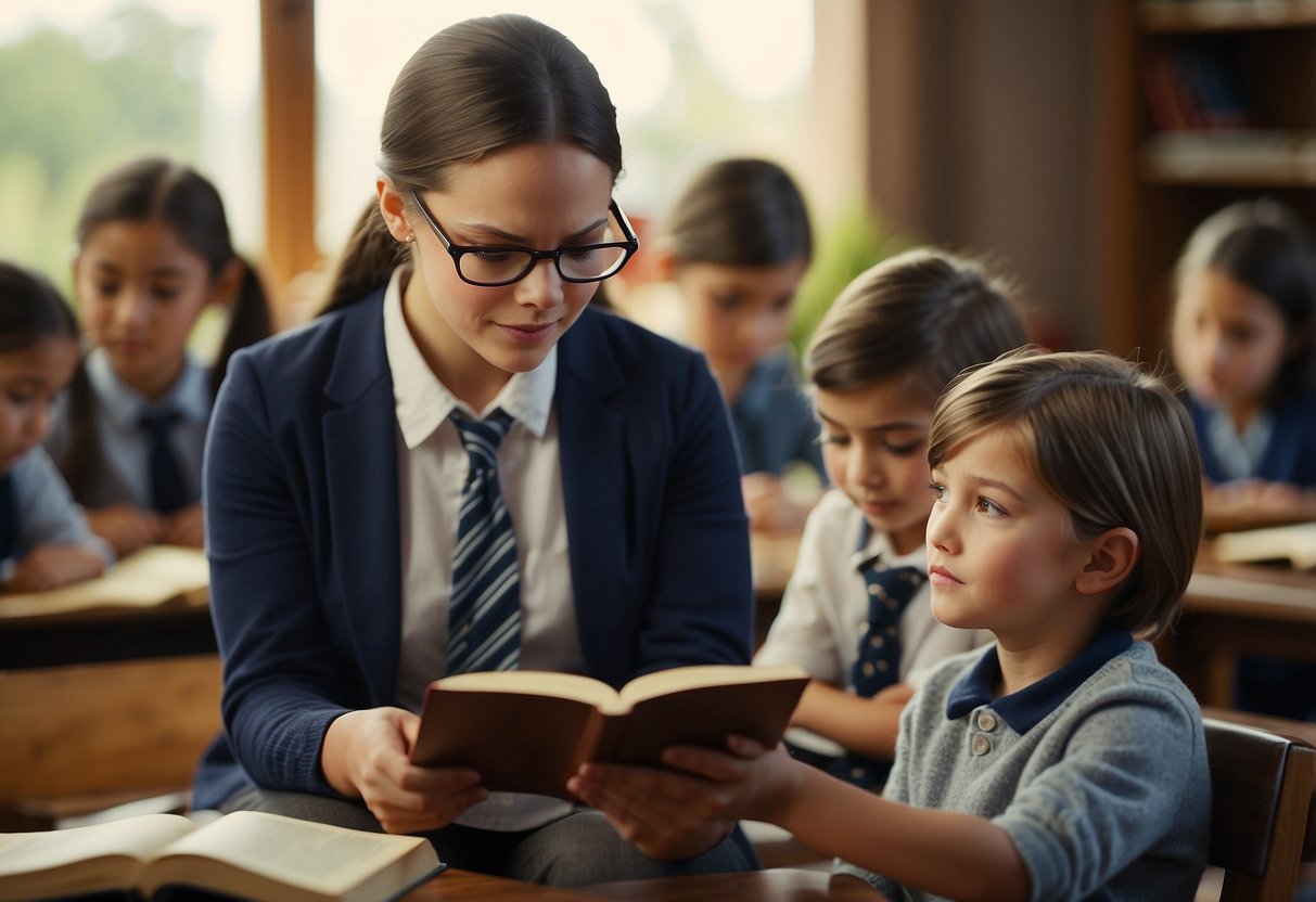 A child struggles with reading, while a teacher patiently guides them through a book, using various teaching methods to help the child learn