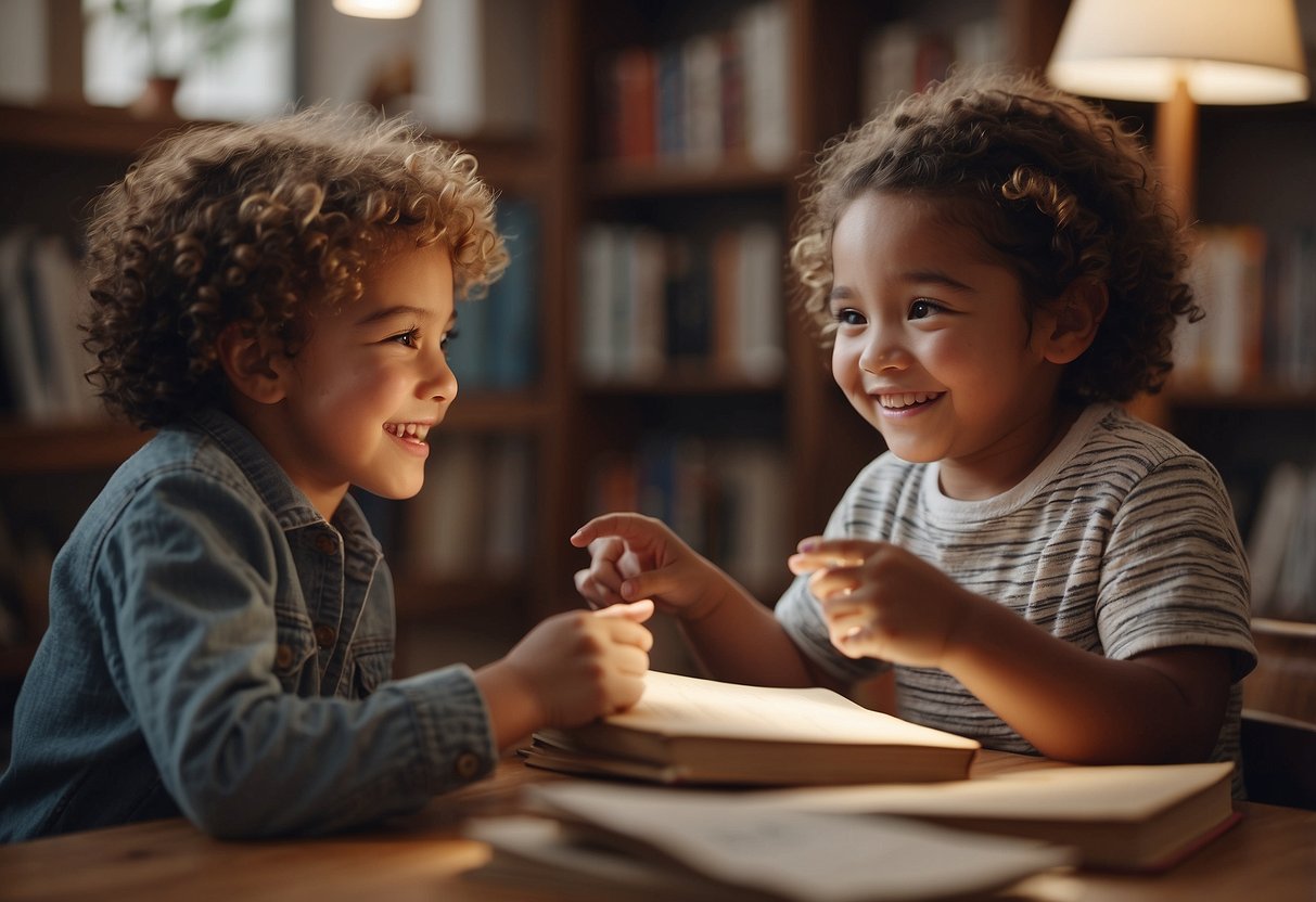 A child surrounded by books, pointing at and sounding out words with a smile, while a patient adult listens and encourages