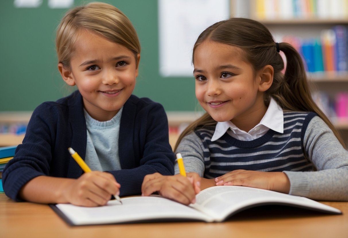 A child sits at a desk with a book open in front of them. A teacher points to words on the page, engaging the child in a reading lesson