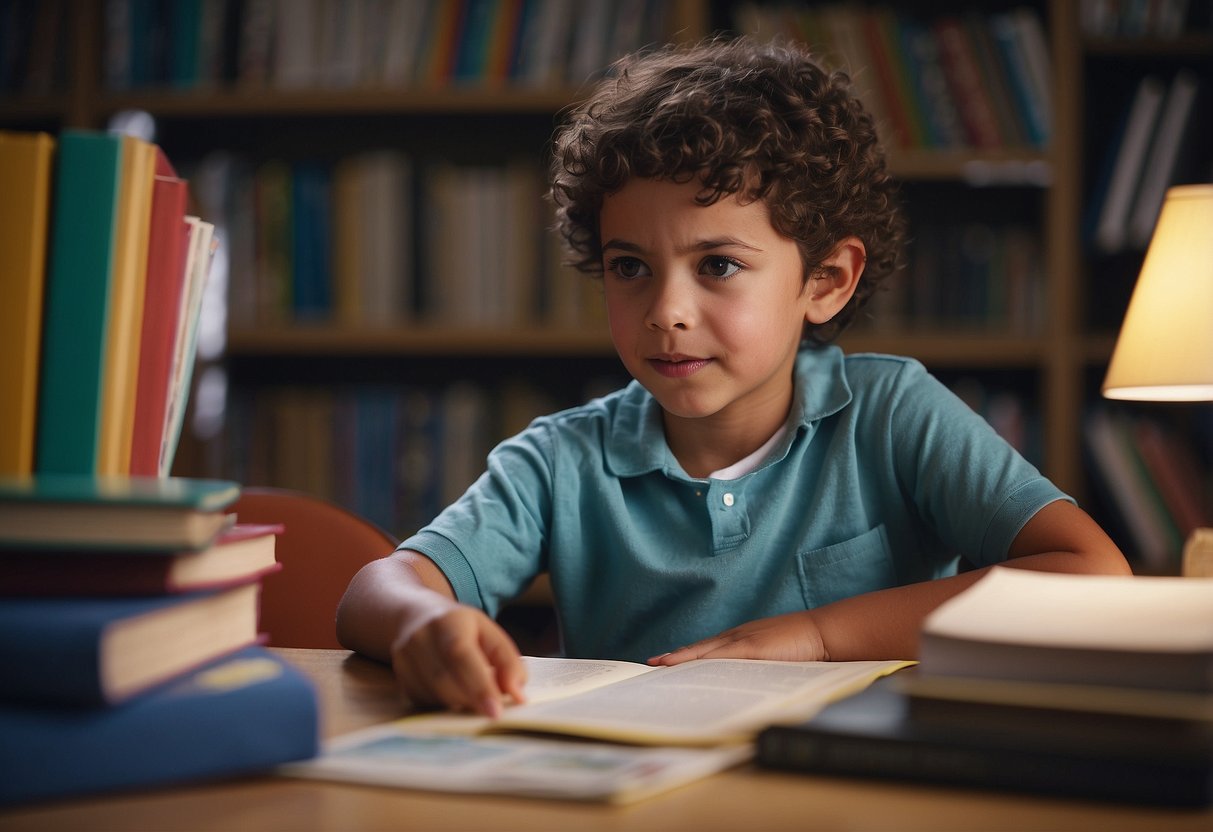 A child sits at a desk, surrounded by books and reading materials. A patient adult points to words and letters, engaging the child in a reading lesson