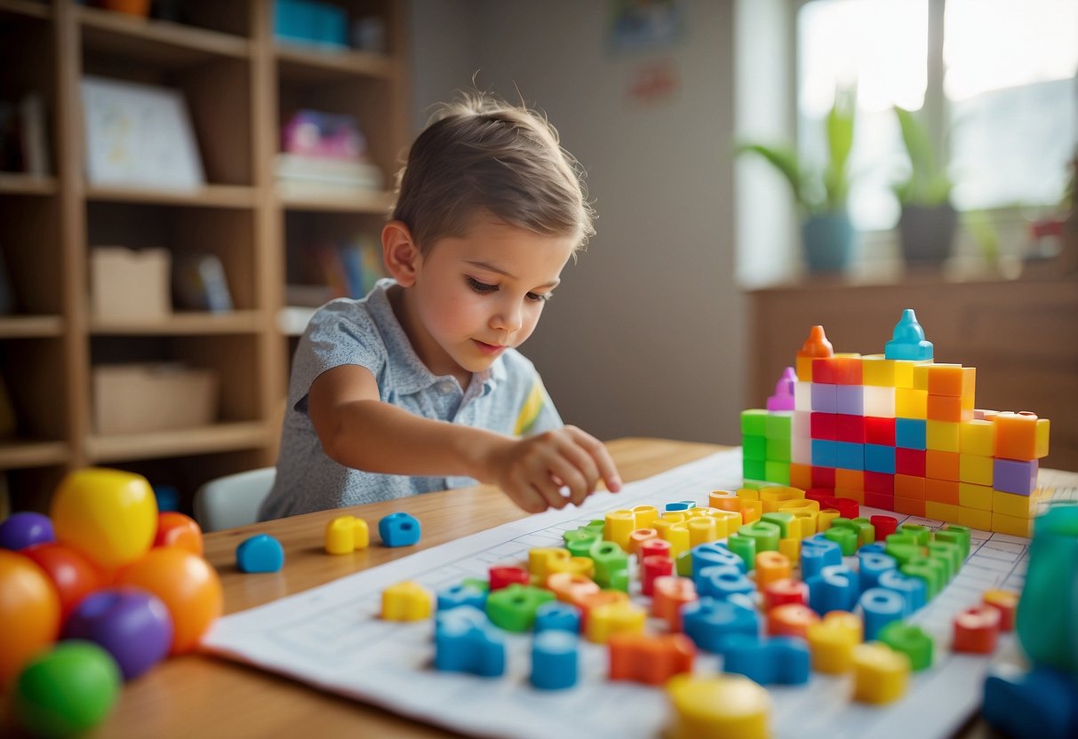 A child learning to count, surrounded by colorful toys and books. A patient adult pointing to numbers on a chart, encouraging the child to repeat after them