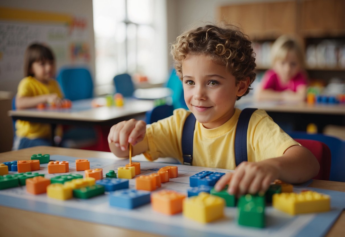 A child sits at a desk with colorful math manipulatives. A teacher points to numbers on a chart, engaging the child in a counting activity