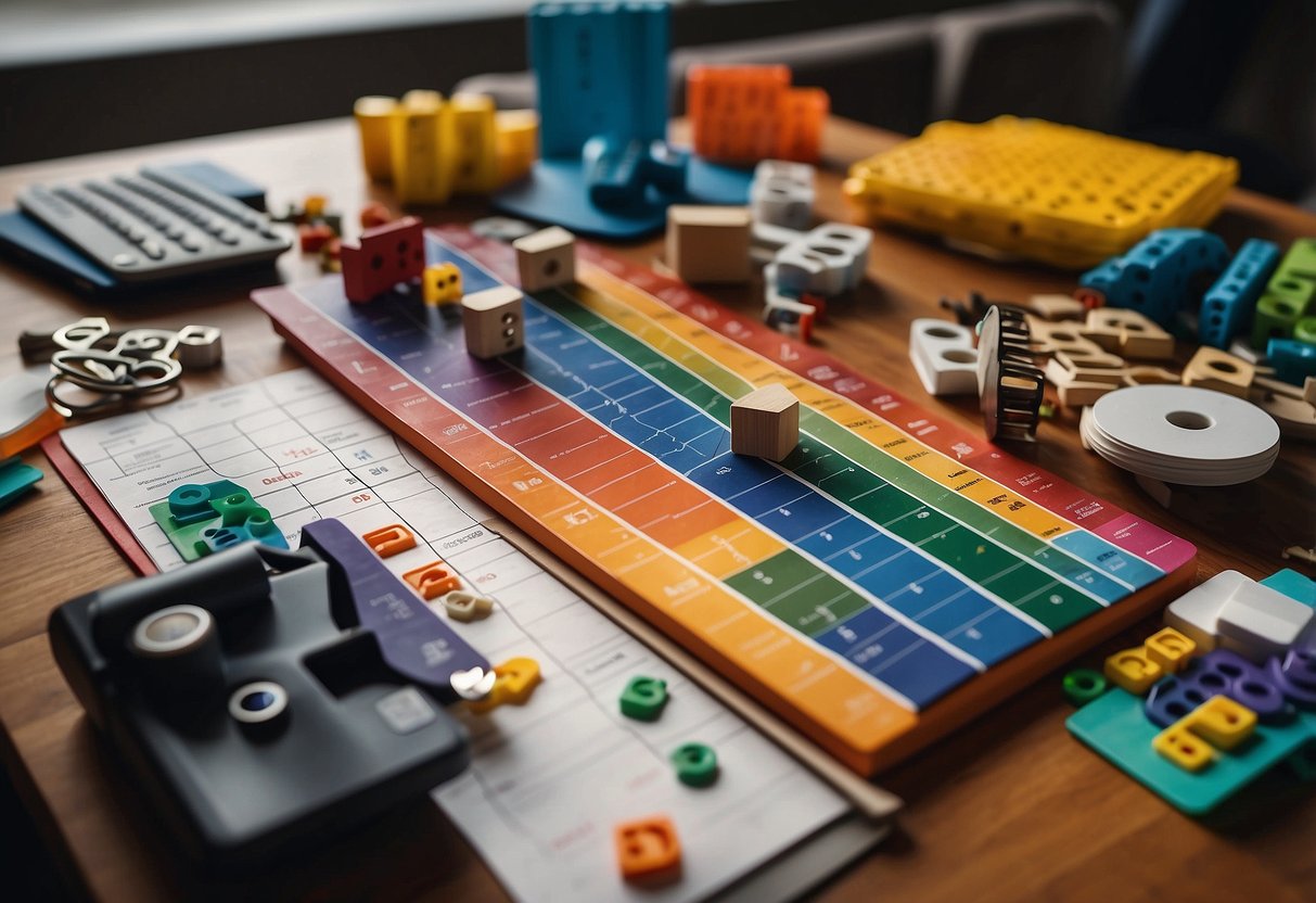 A colorful array of counting tools and visual aids spread out on a table, including blocks, number cards, and a number line