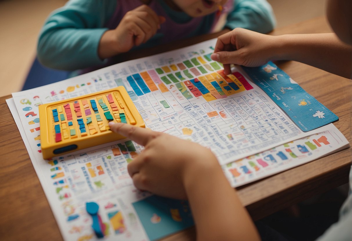 A colorful array of counting objects arranged on a table, with a child's workbook open and a patient adult pointing to the objects, guiding the child in learning to count