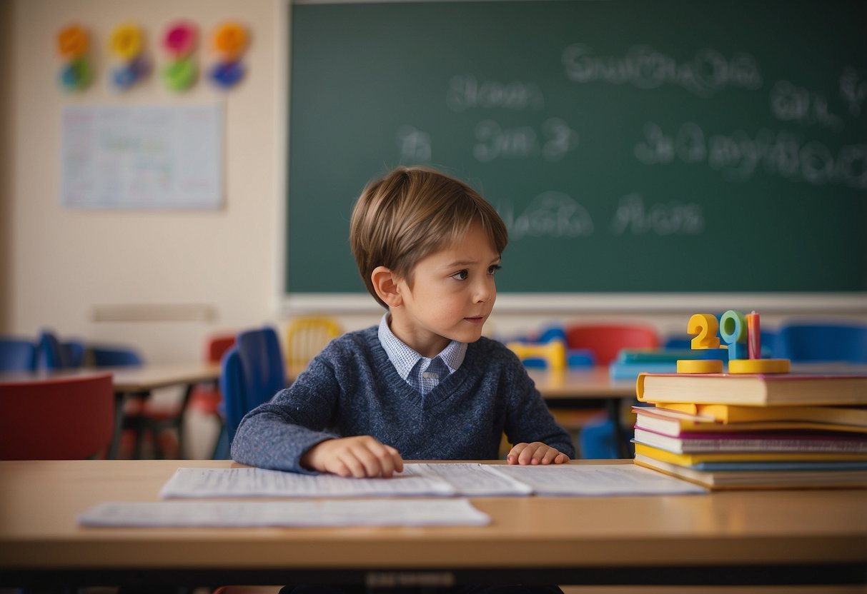 A child sitting at a table, surrounded by digital and printed learning materials, while a teacher points to numbers on a board