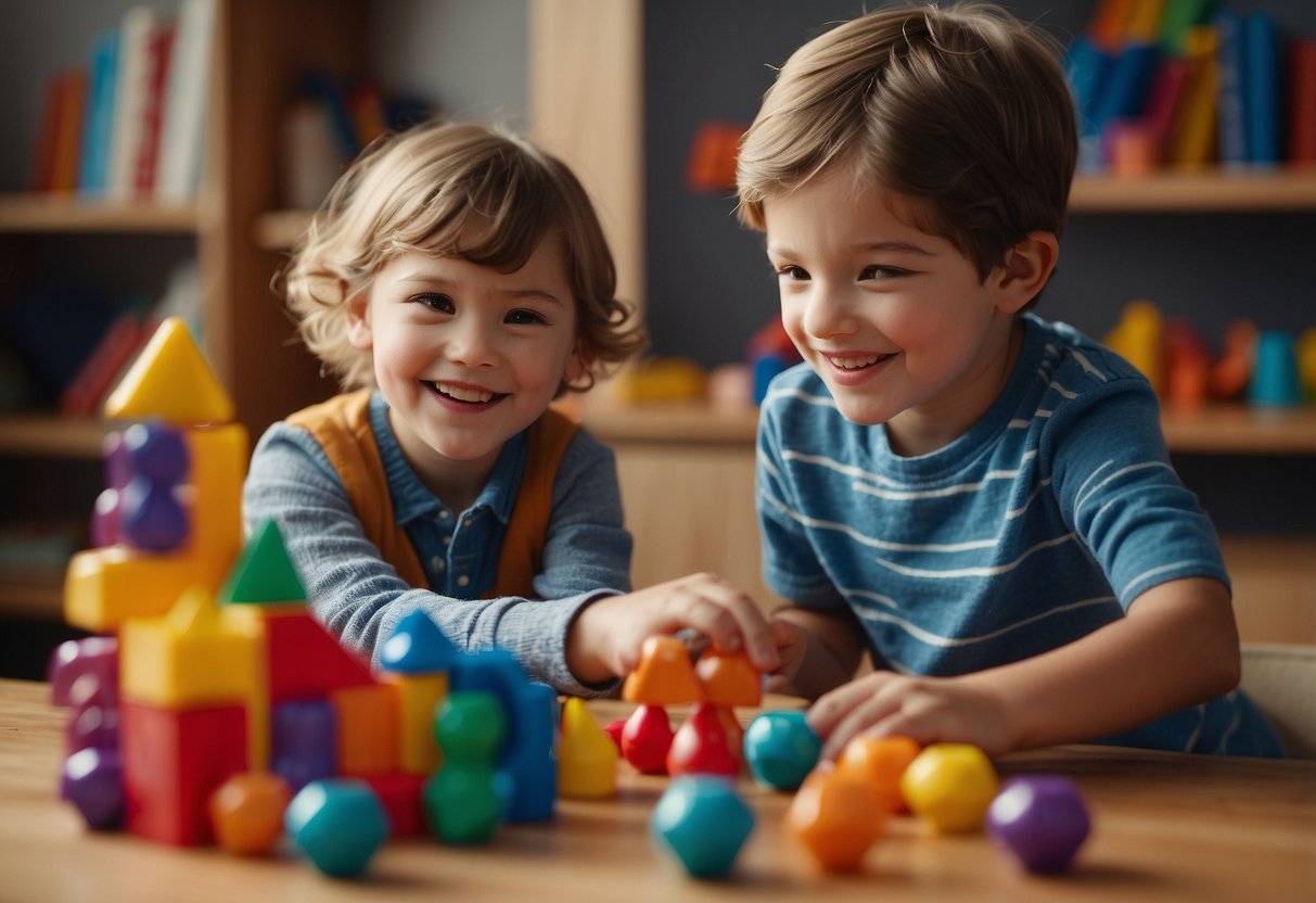 A child eagerly counts colorful objects with a smiling adult nearby, encouraging and guiding their learning process