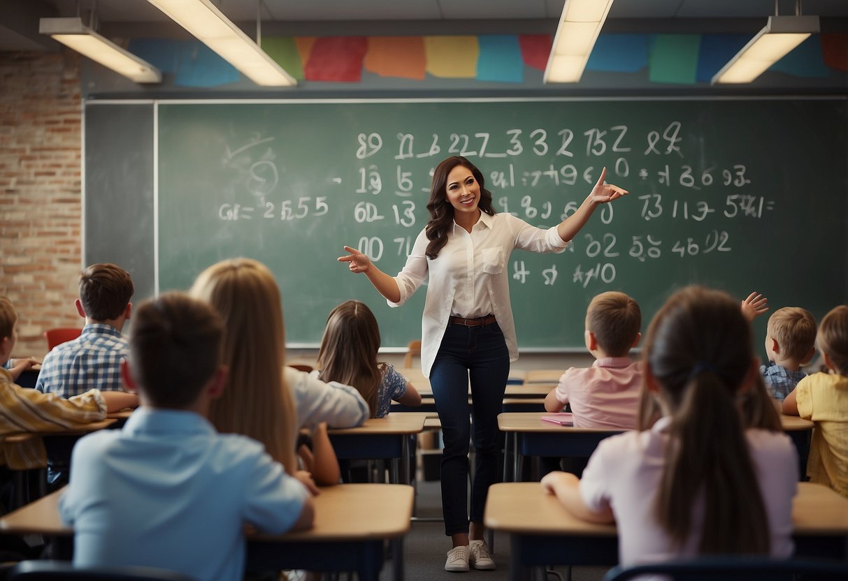 A colorful classroom with numbers and math symbols on the walls. A teacher pointing to a chalkboard with a simple math problem. Bright, engaged students sitting at their desks