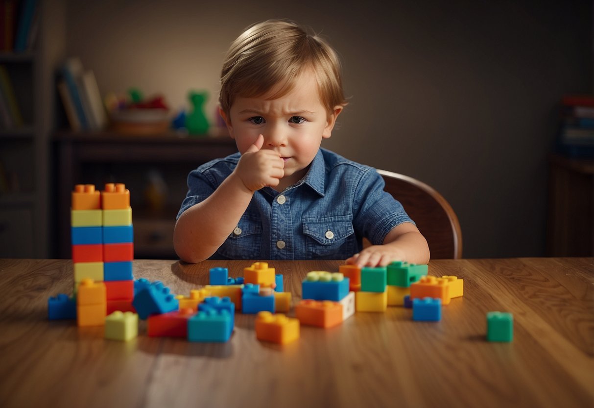 A child sitting at a table with colorful counting blocks, pointing and counting with a curious expression