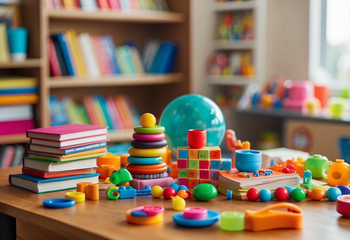 A colorful array of toys, books, and art supplies scattered across a child-sized table in a bright, inviting classroom setting