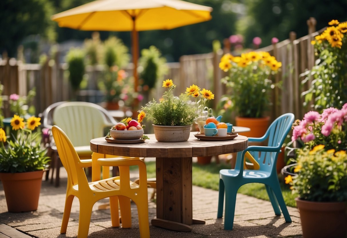 A sunny backyard with colorful flowers, a vegetable garden, and small play structures. Tables and chairs are set up for outdoor activities