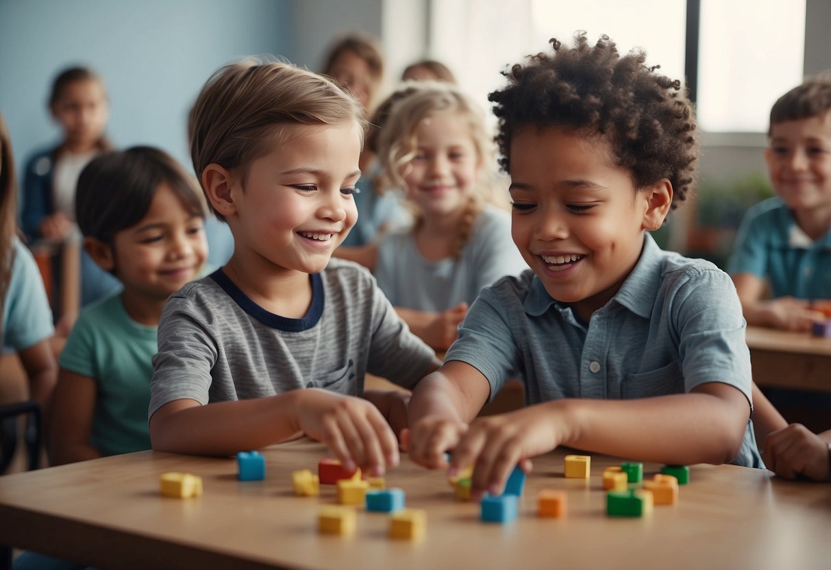 A group of children engage in trust-building activities, preparing for kindergarten