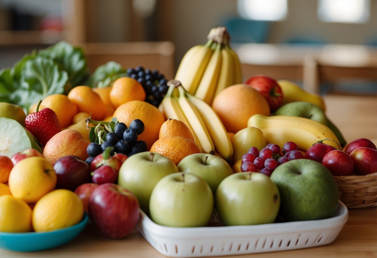 A colorful and diverse array of fruits, vegetables, and healthy snacks displayed on a table in a bright and welcoming preschool classroom