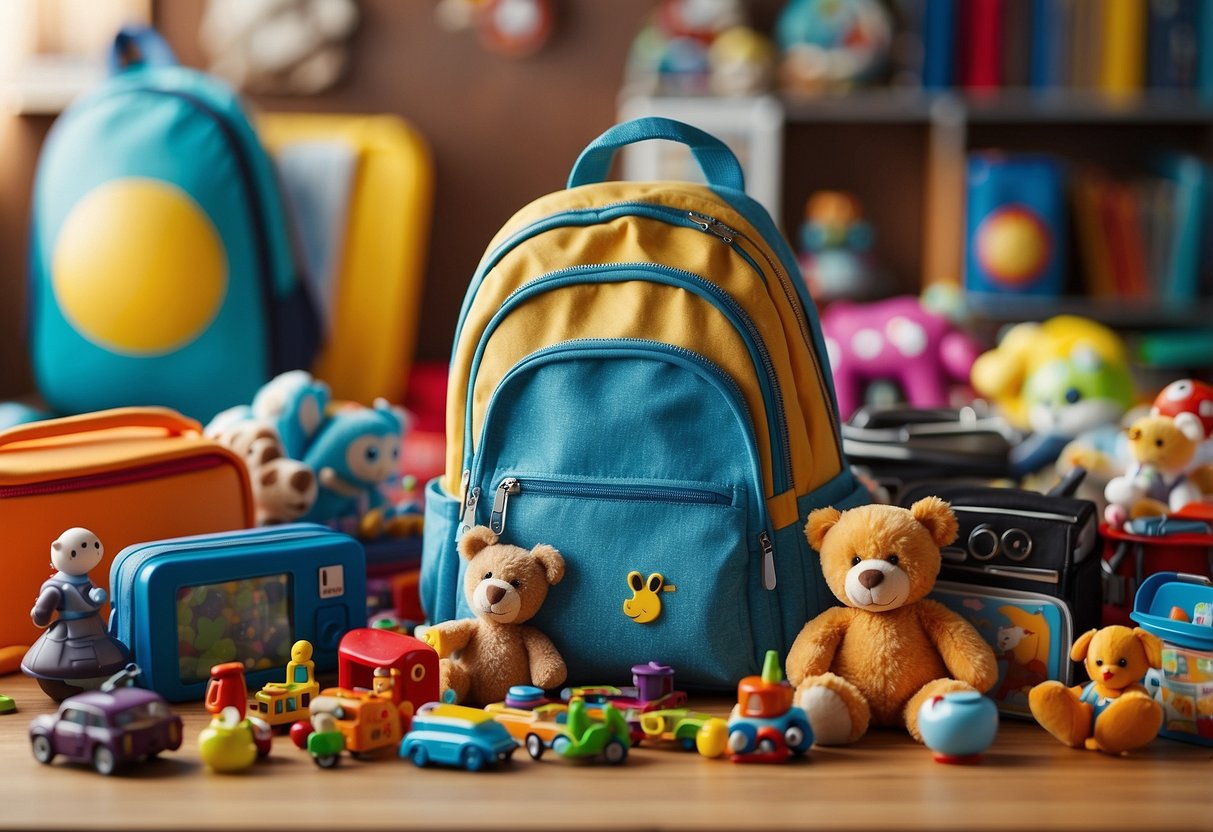 A colorful array of toys and educational materials spread out on a table, with a small backpack and lunchbox nearby