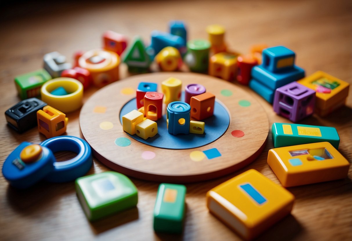 A group of colorful toys and books arranged in a circle on the floor, with a small table set up in the center for activities