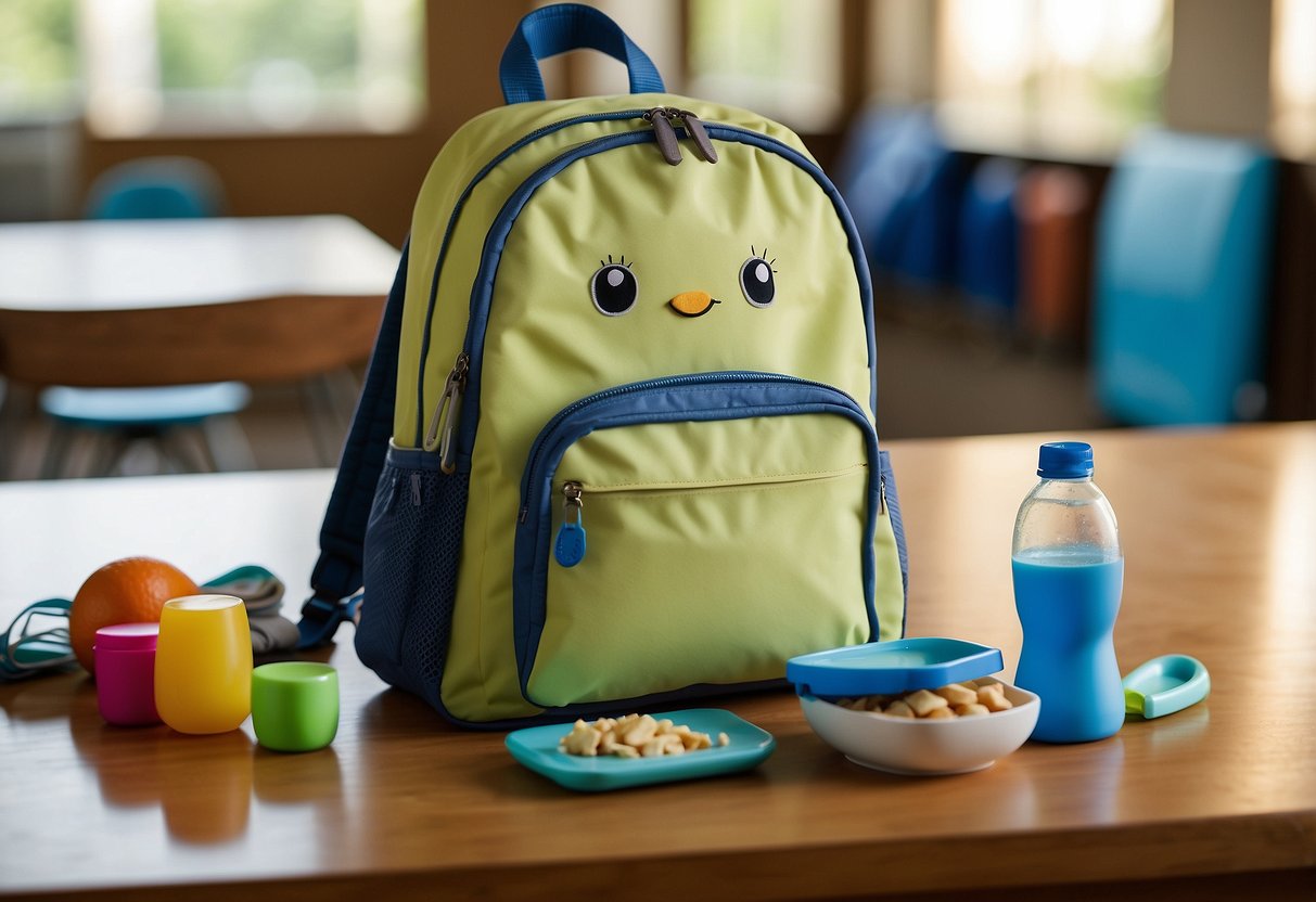 A child's backpack, lunchbox, and toothbrush laid out on a table, ready for preschool