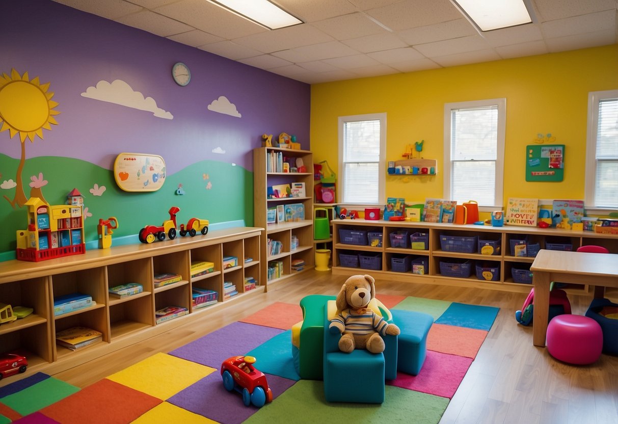 A colorful and inviting preschool classroom with toys, books, and sensory activities. Brightly painted walls and cozy reading nooks create a warm and safe environment for young children