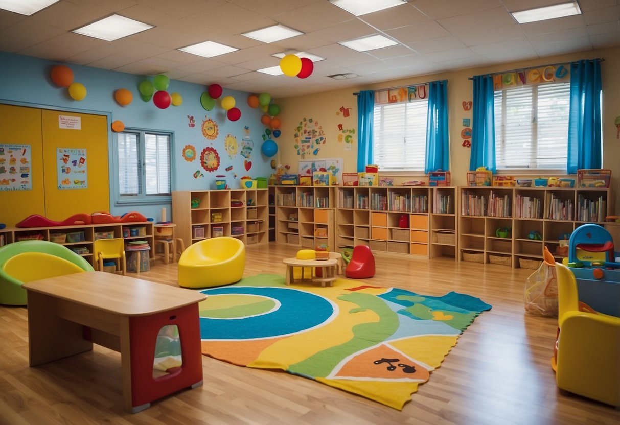 A colorful and inviting preschool environment with play areas and educational materials. Tips for preparing for preschool displayed on a bulletin board