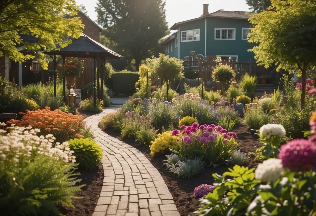 A colorful and inviting garden with a variety of flowers, plants, and trees, with a pathway leading to a charming daycare center