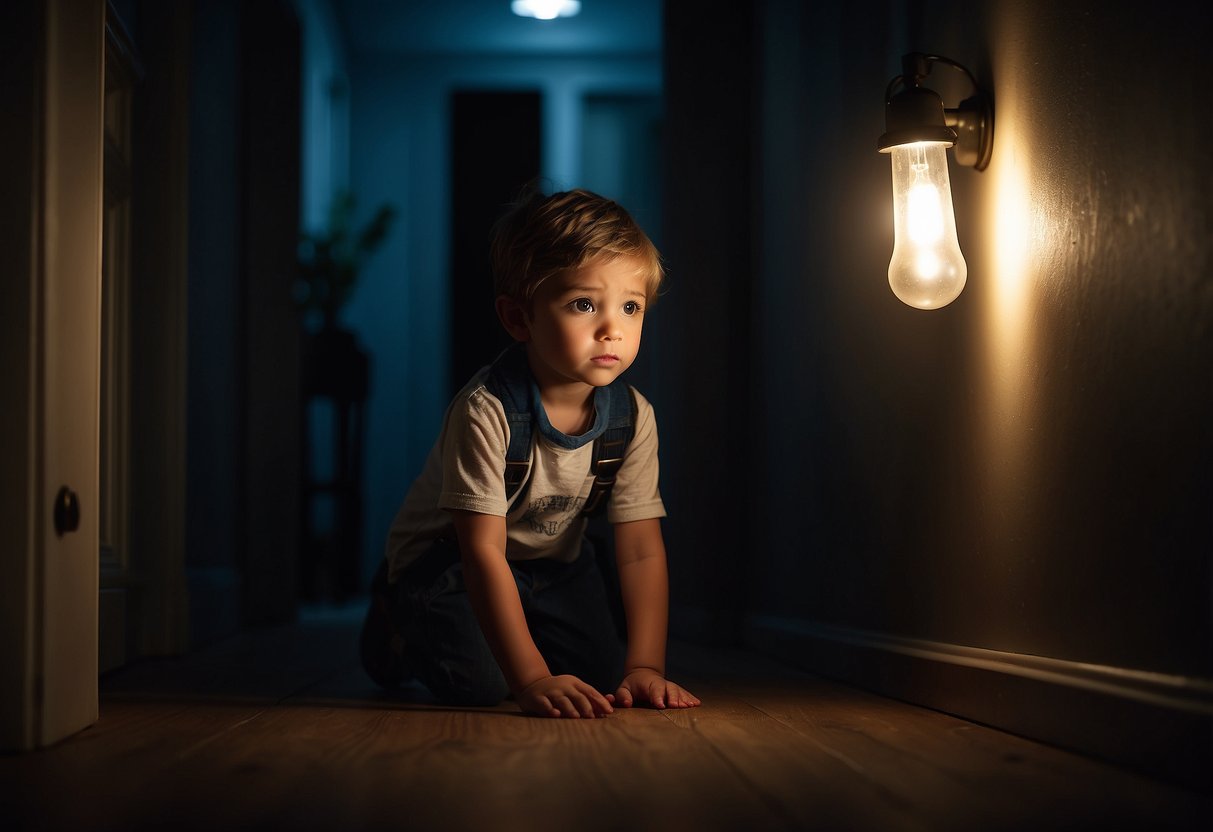 A child cowers in a dimly lit room, clutching a flashlight tightly. Shadows loom, creating an atmosphere of fear and uncertainty