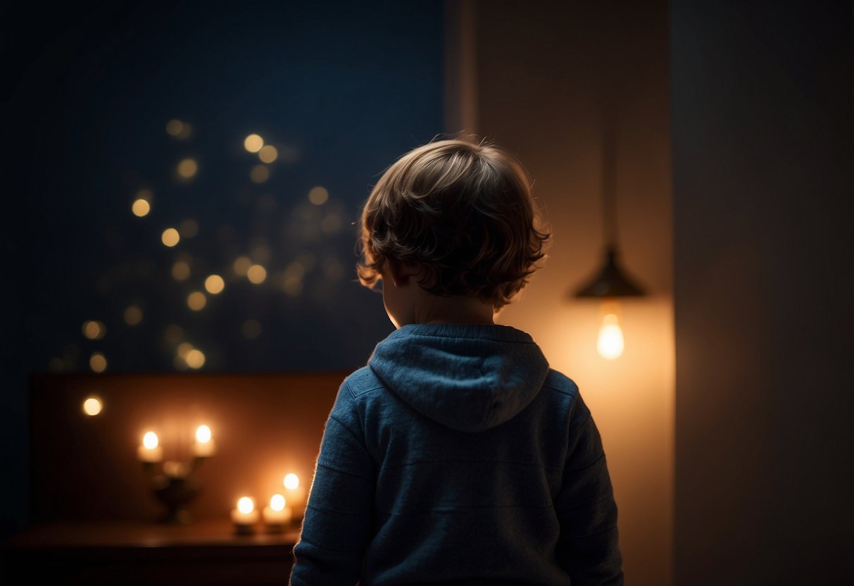 A child stands at the edge of a dark room, looking hesitant. A nightlight glows softly in the corner, casting a warm and comforting light