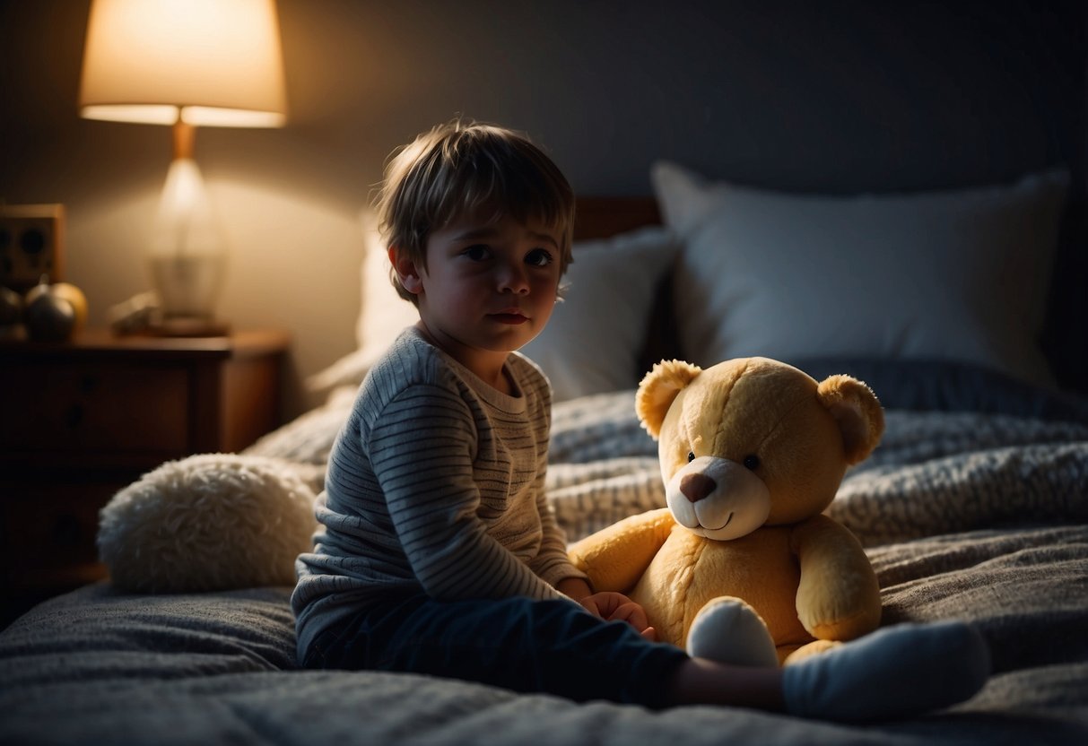 A child sits on the edge of their bed, clutching a stuffed animal, staring fearfully at the darkened room. A nightlight casts a soft glow, providing a sense of comfort and security