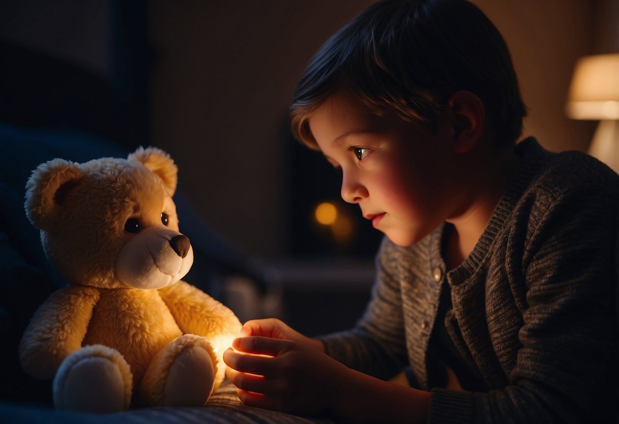 Parents comforting child in dark room, using nightlight. Child holds stuffed animal, parents reassure. Illustrate warm, reassuring atmosphere