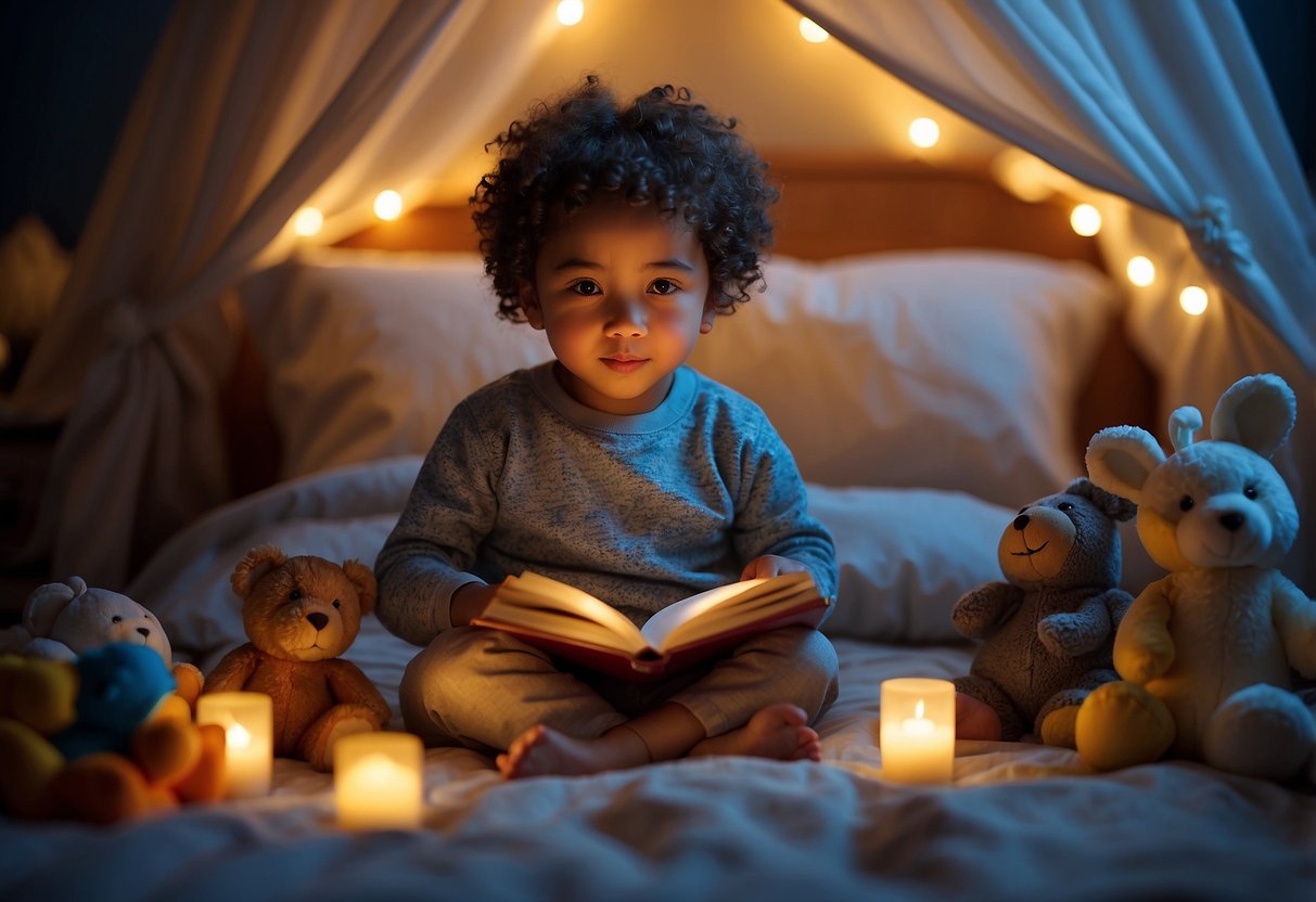 A child sits in bed, surrounded by toys and books. A small night light glows softly, casting a warm and comforting light in the dark room