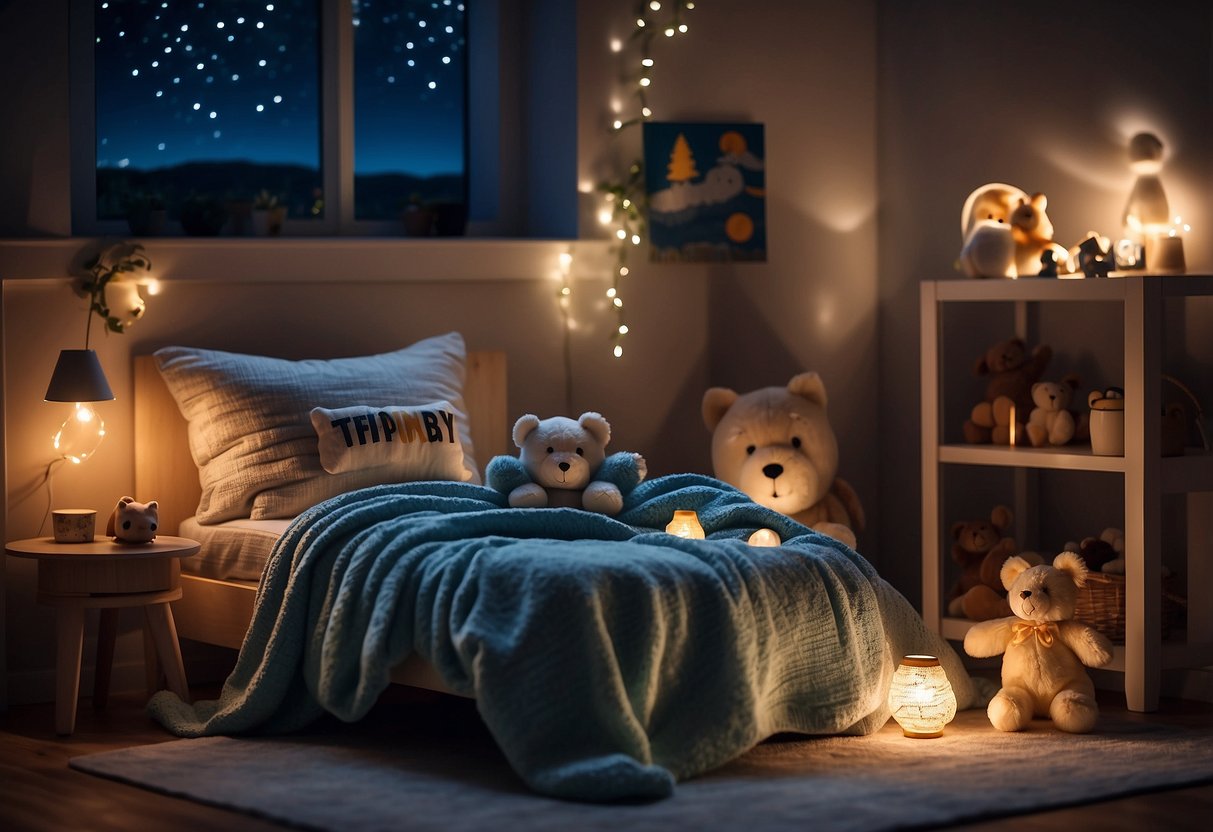 A cozy bedroom with a nightlight, toys, and a comforting blanket to help a child feel safe and secure in the dark