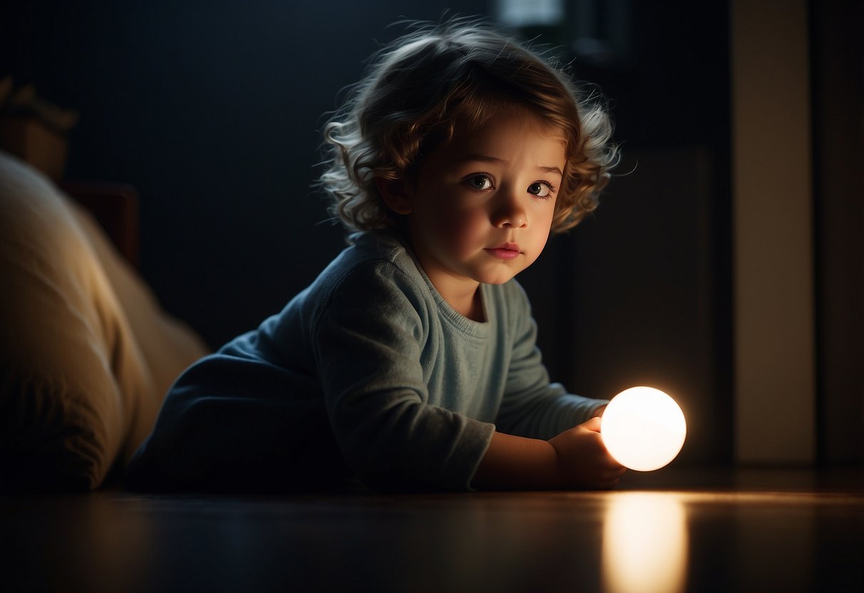 A child cowers in a dimly lit room, casting fearful glances at the shadows. A nightlight glows faintly in the corner, providing a small beacon of comfort in the darkness