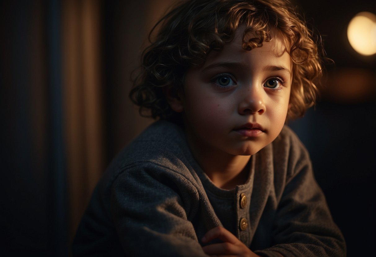 A child sitting in a dimly lit room, huddled in a corner, with wide eyes and a fearful expression as they stare at the darkness