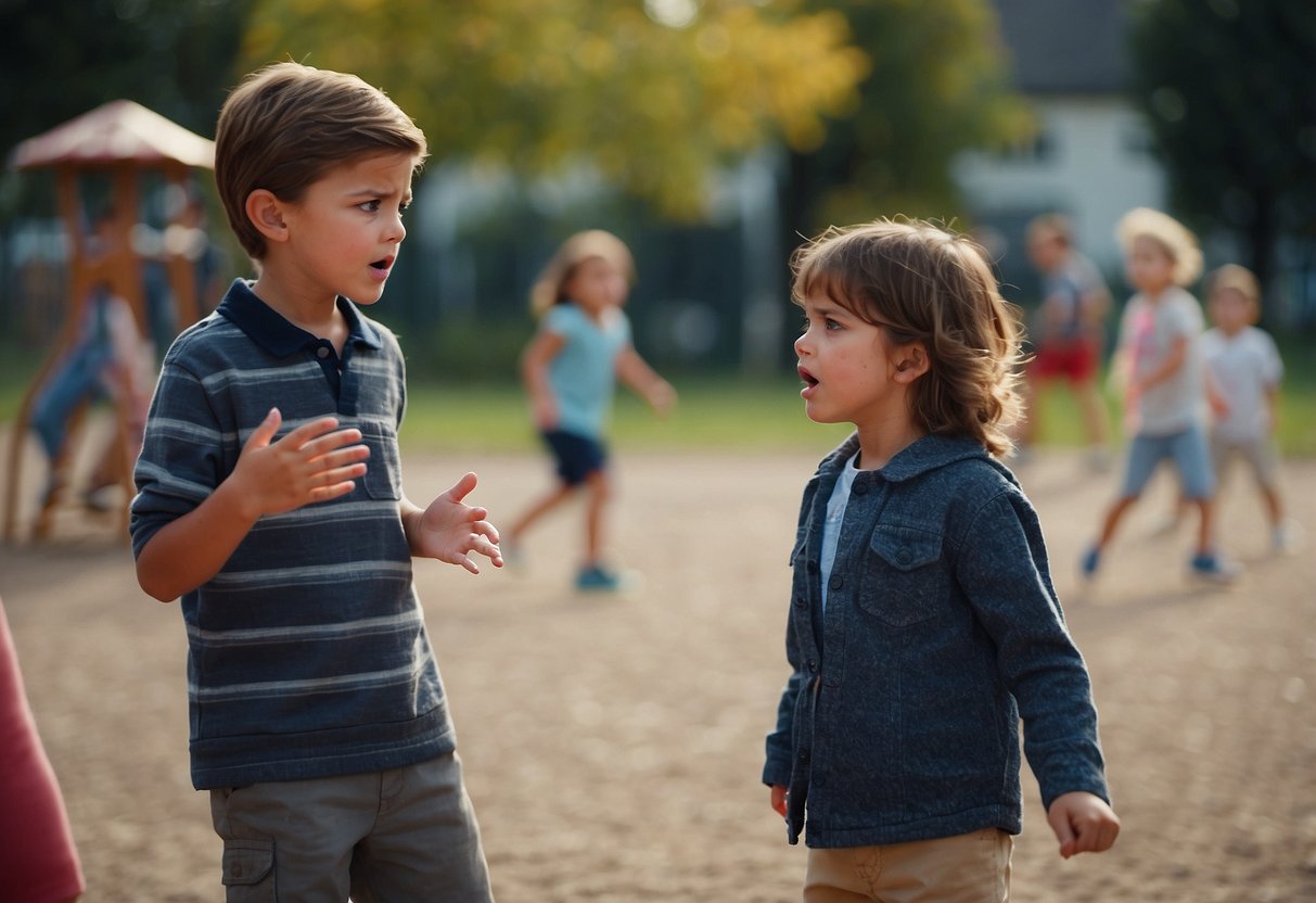 Children arguing in playground, one child pushing another. Frustrated expressions, raised voices. Onlookers watching with concern