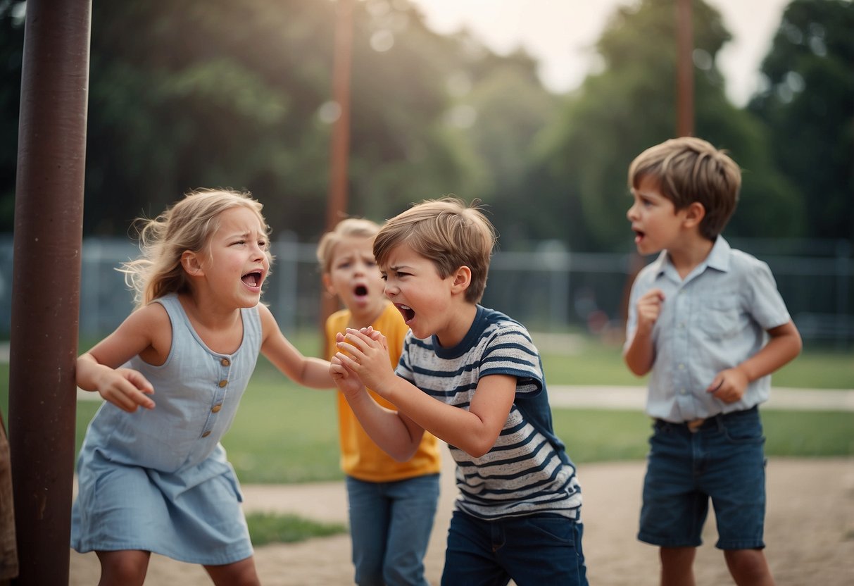 A group of children arguing in a playground, with frustrated expressions and raised voices