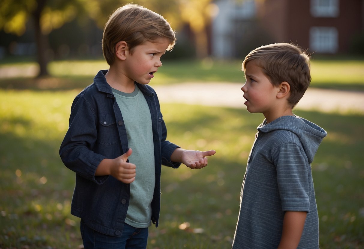 Two children arguing over a toy, both with frustrated expressions. One child is pointing angrily at the other, while the other child looks defensive