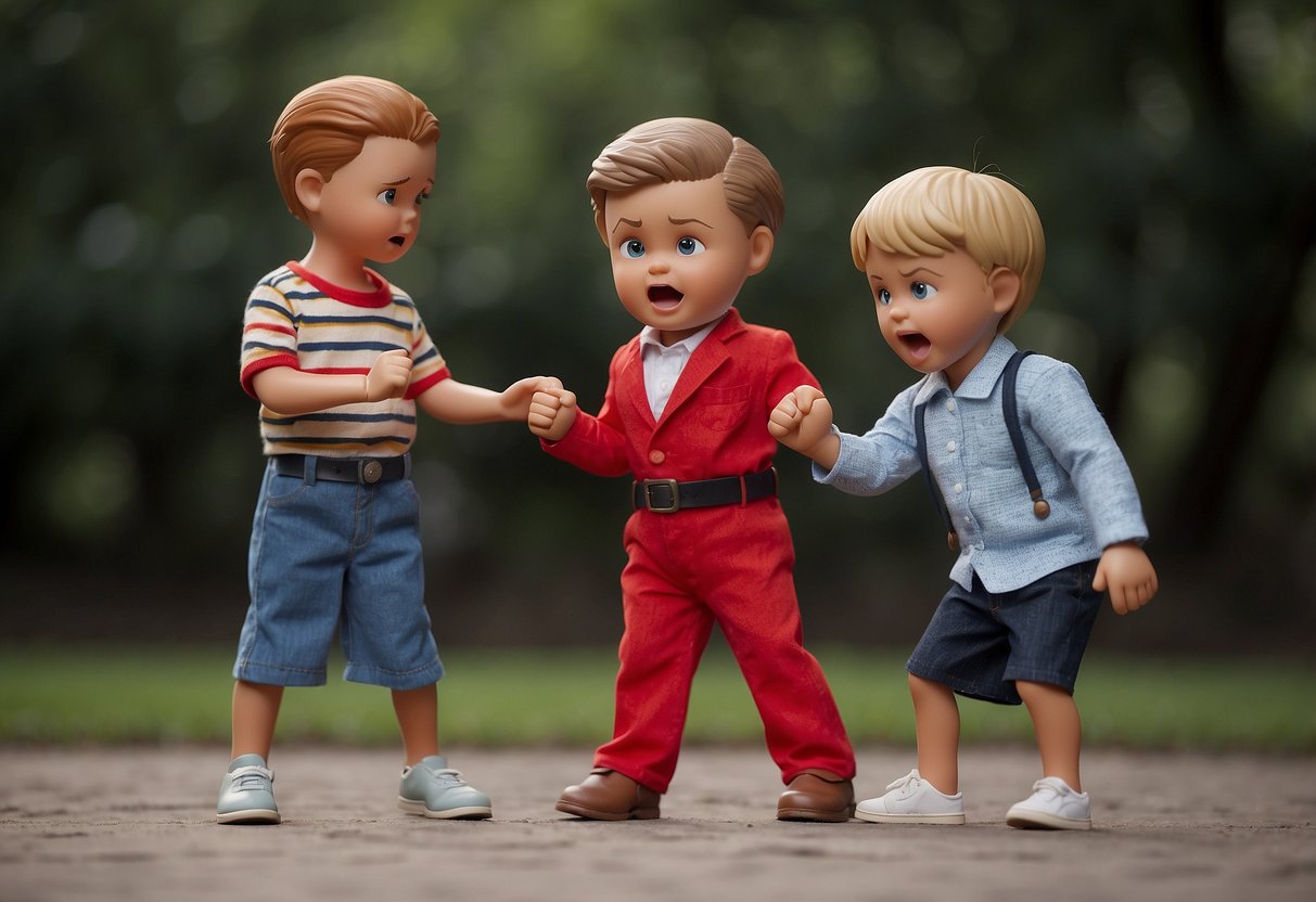 Two children argue over a toy, faces red with anger. One child clenches fists, while the other pushes back defensively