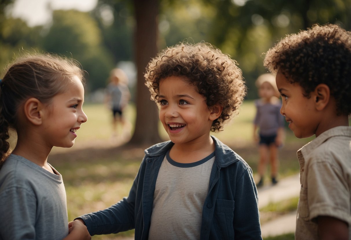 Children interacting, one pushes another. Curious expressions, raised voices. Conflict resolution sought