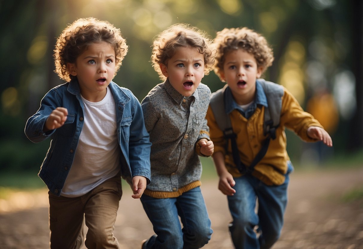 Children playing outside, one shoving another. Expressions show frustration. Others watch, unsure how to intervene