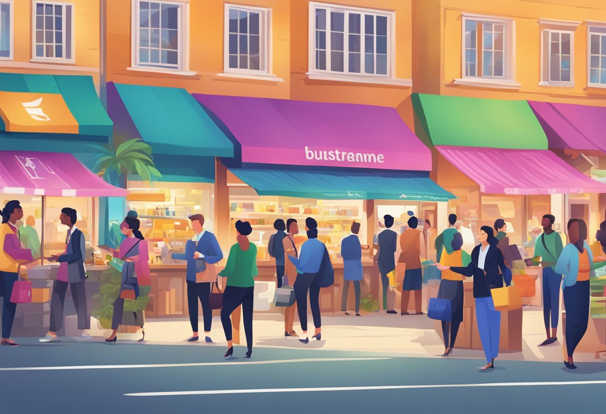 A bustling marketplace with vibrant signage, diverse professionals networking, and exchanging currency, showcasing the allure of high-paying freelance opportunities