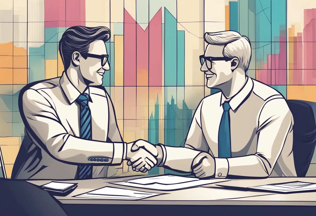 A business person shaking hands with a satisfied client, surrounded by charts and graphs showing growth and success