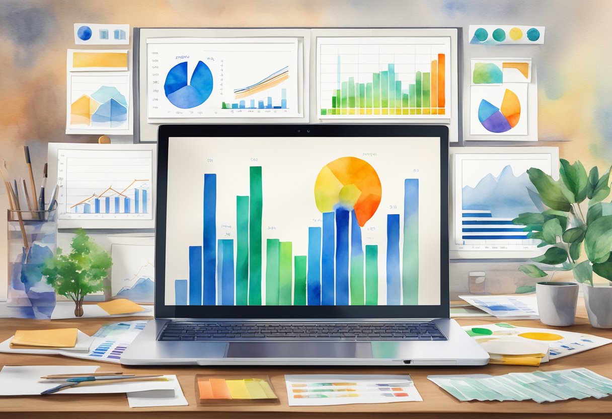 A table with 5 different portfolio allocation models displayed on a laptop screen, surrounded by financial charts and graphs