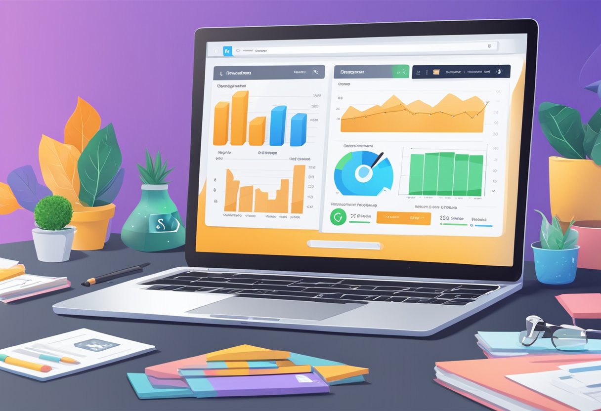 A laptop displaying a successful dropshipping dashboard with money signs and positive performance indicators