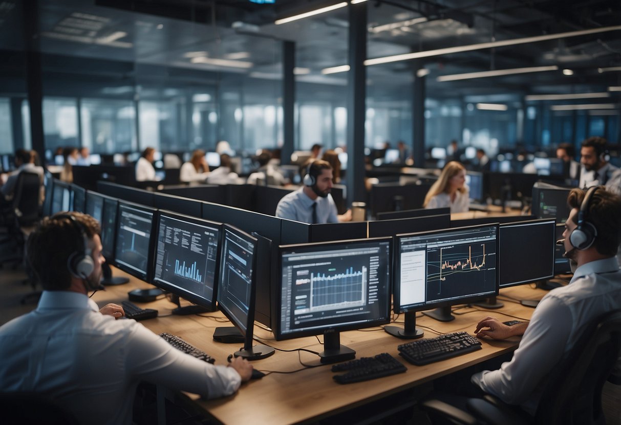 A bustling call center with AI-powered chatbots assisting customers. Multiple screens display real-time data and analytics. Managers oversee the operation, ensuring seamless scalability and exceptional customer service