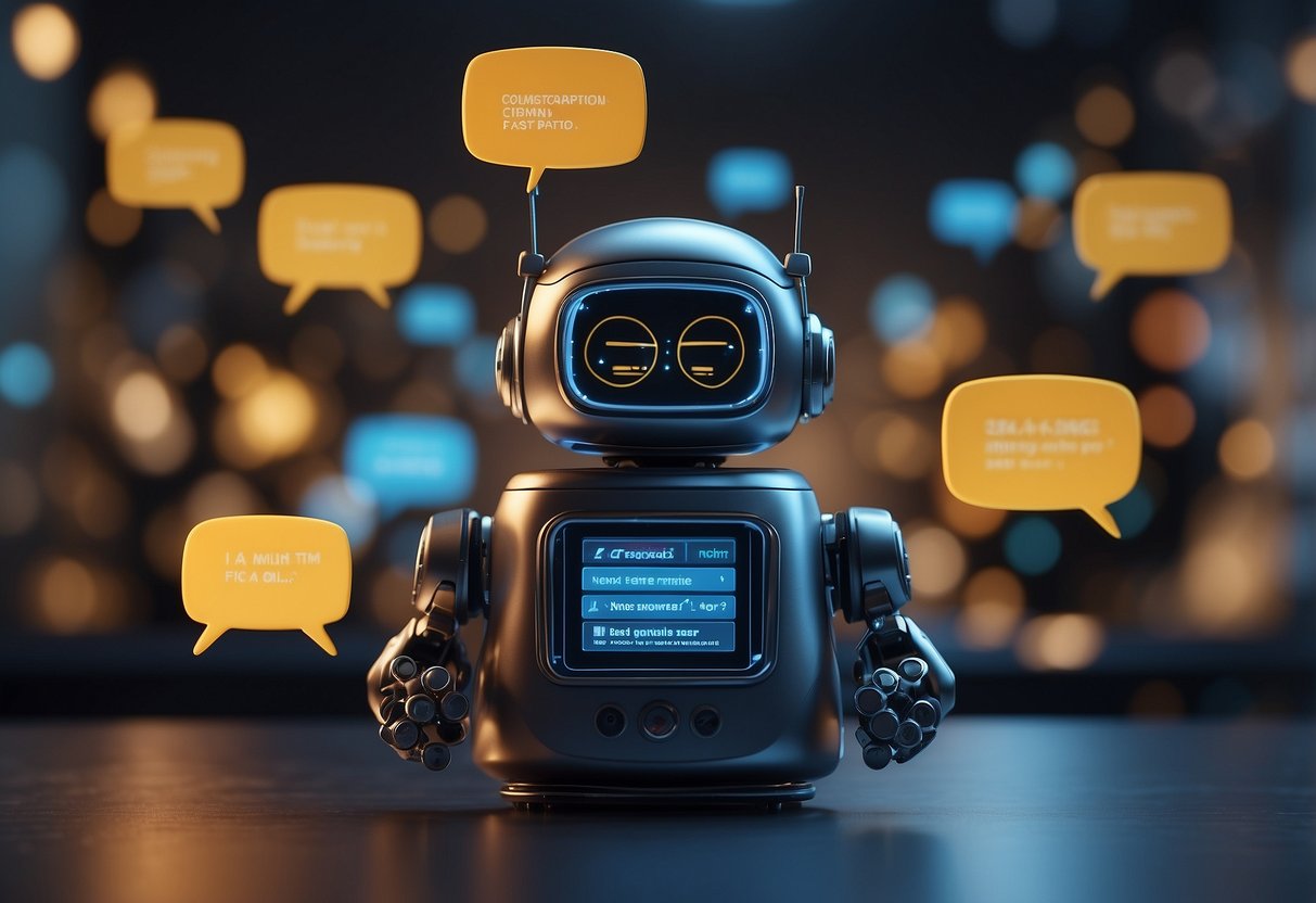 A customer service chatbot answers FAQs with a friendly tone, surrounded by speech bubbles and a digital interface