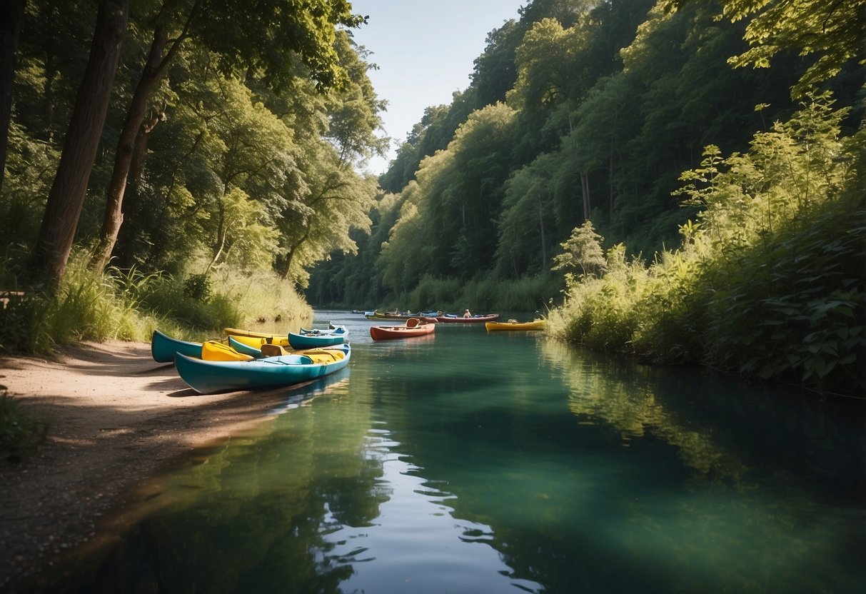 A serene river flows through lush greenery, with canoes and kayaks gliding peacefully on the water under the warm sun