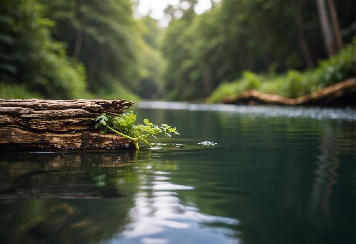 Lush greenery lines the calm river, birds chirp overhead, turtles bask on logs, and fish dart beneath the clear water