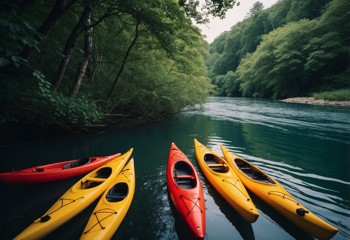 A serene river scene with kayaks and canoes gliding through the calm waters surrounded by lush greenery and wildlife