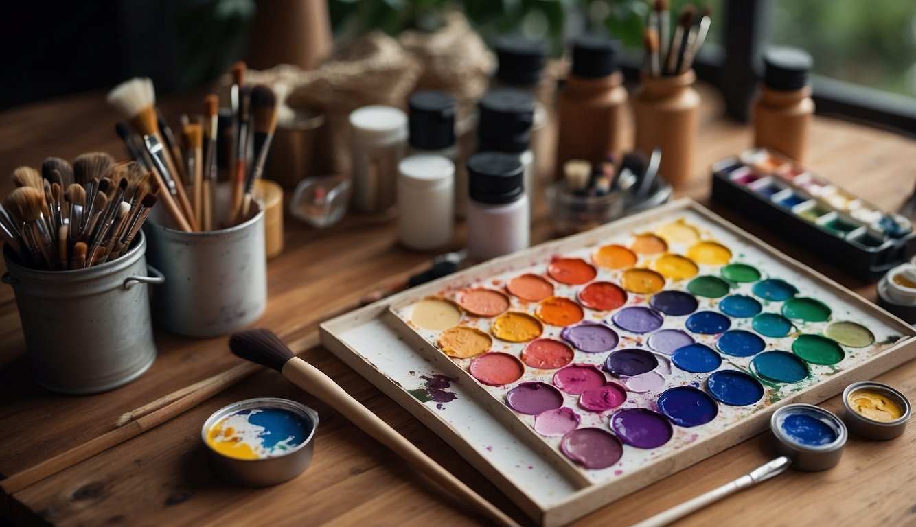 A canvas with watercolor paints and brushes laid out on a wooden table