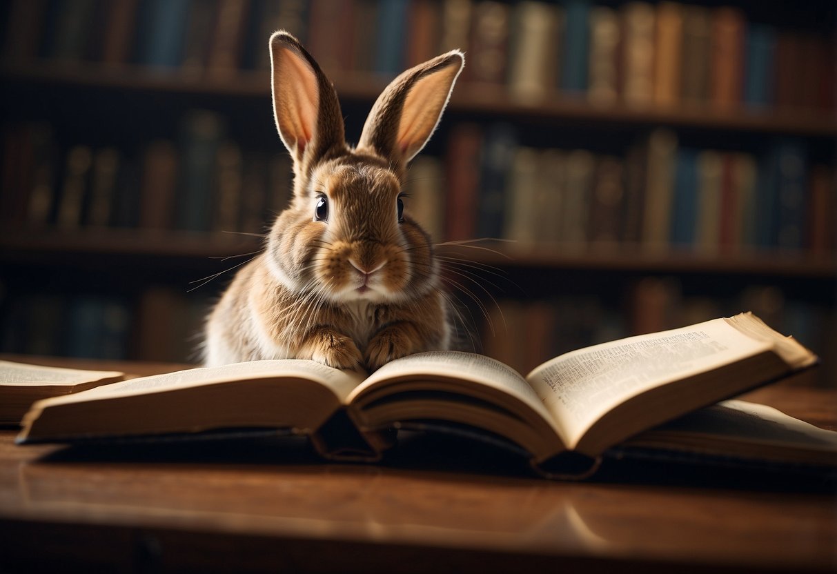 A rabbit tilts its head while reading a book